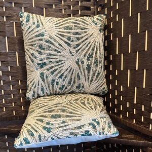 Decorative Throw Pillows with Abstract Beaded Pattern Teal Gold and Offwhite